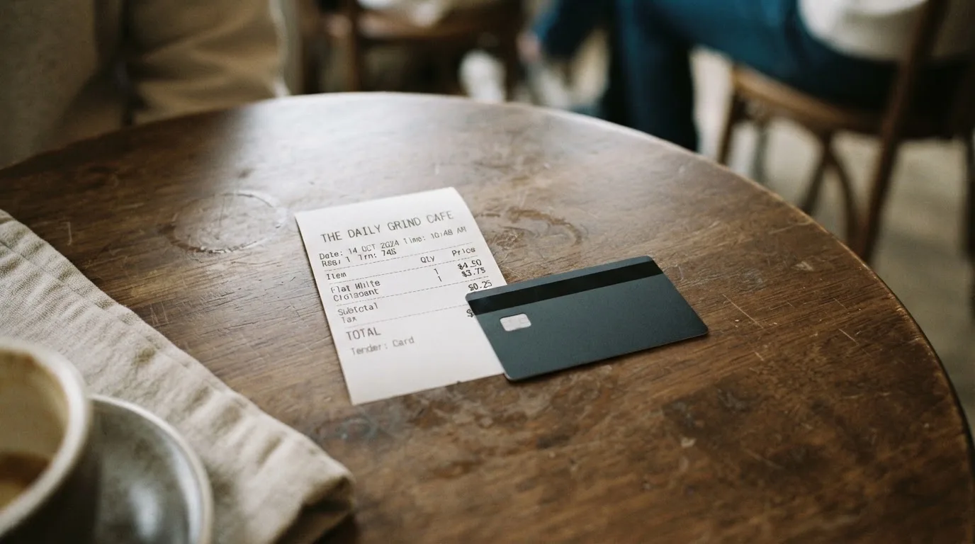 A receipt and a card on a café table