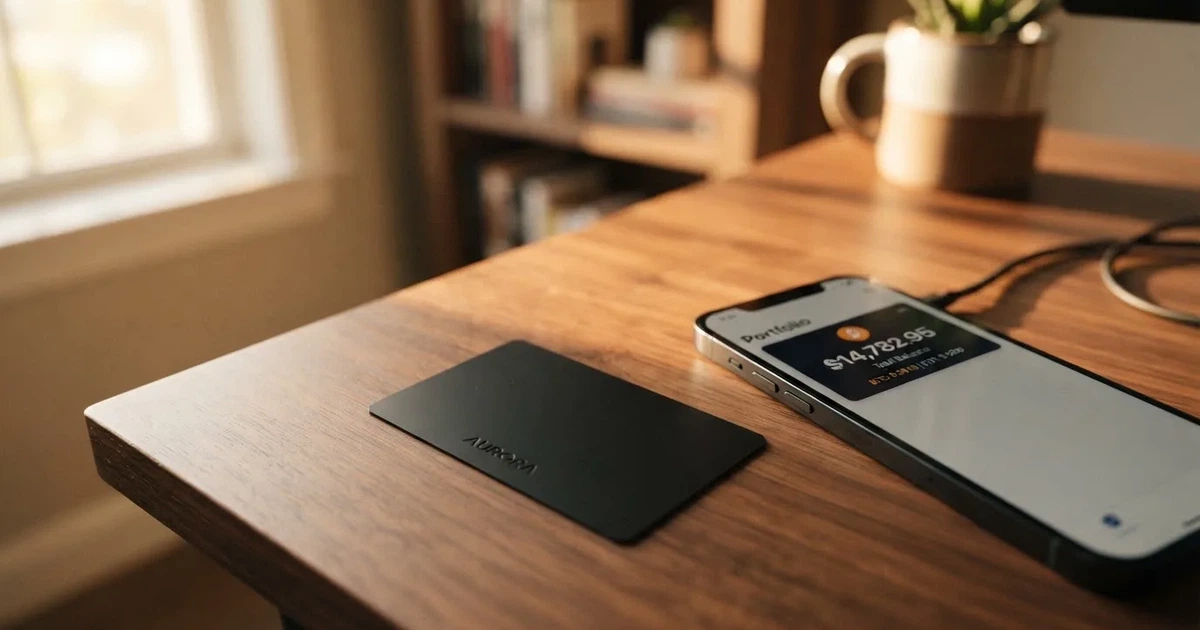 A payment card next to a phone with a crypto wallet app open