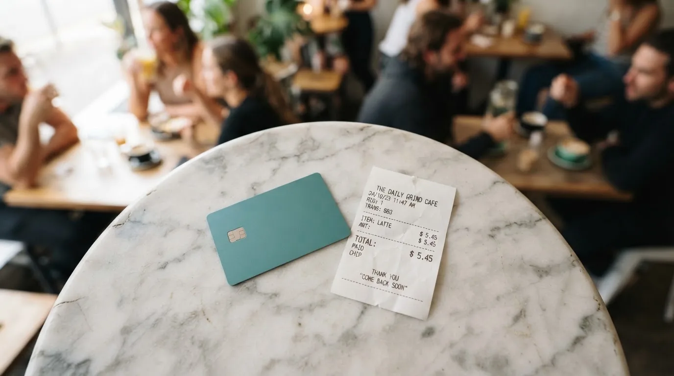 A receipt and a card on a café table