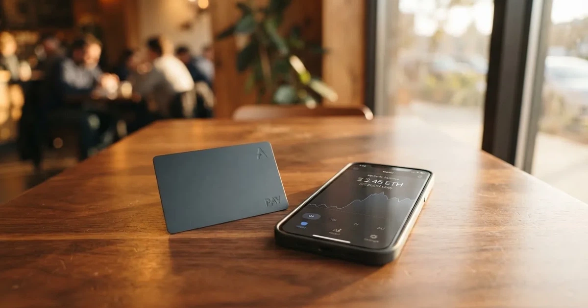 A payment card next to a phone with a crypto wallet app open