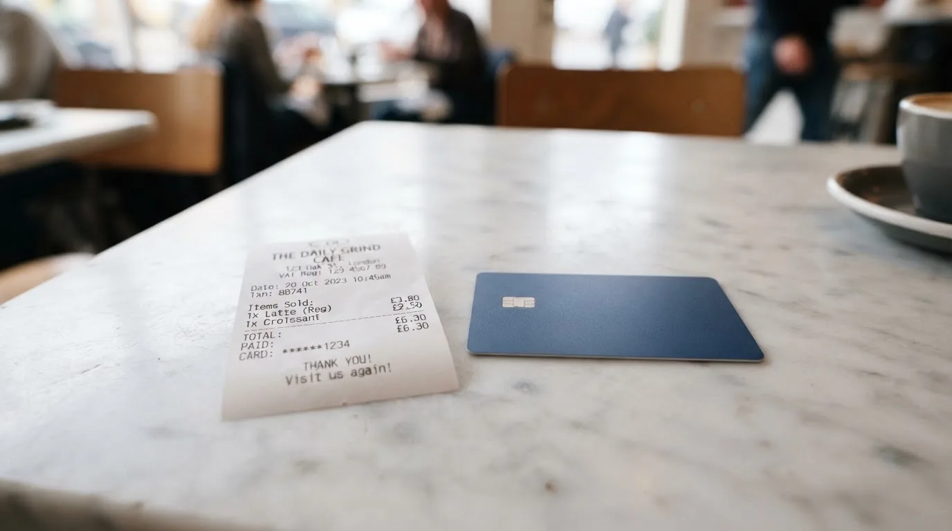 A receipt and a card on a café table