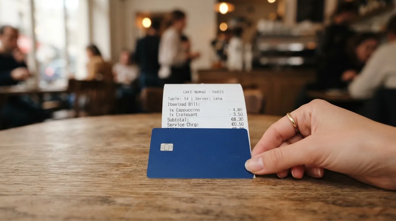 A receipt and a card on a café table