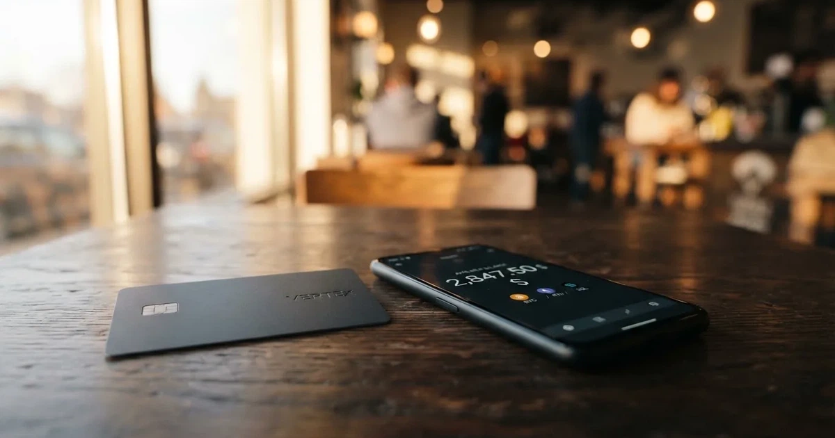 A payment card next to a phone with a crypto wallet app open