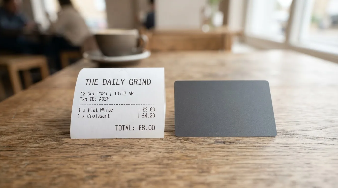 A receipt and a card on a café table
