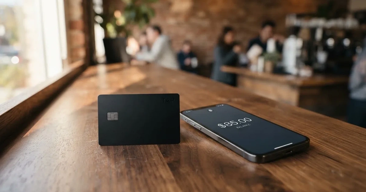 A payment card next to a phone with a crypto wallet app open