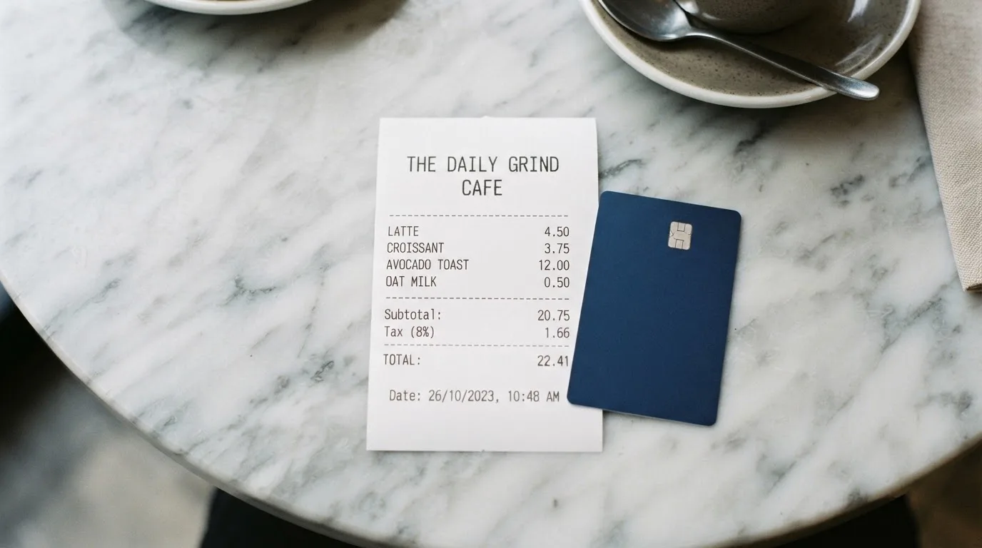 A receipt and a card on a café table