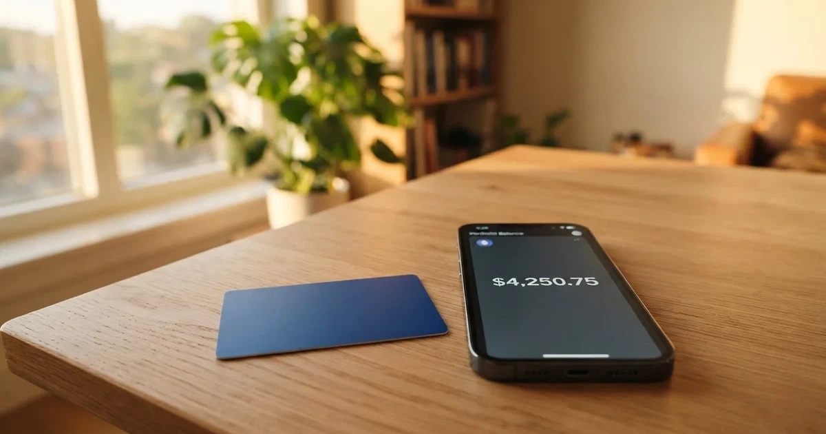 A payment card next to a phone with a crypto wallet app open