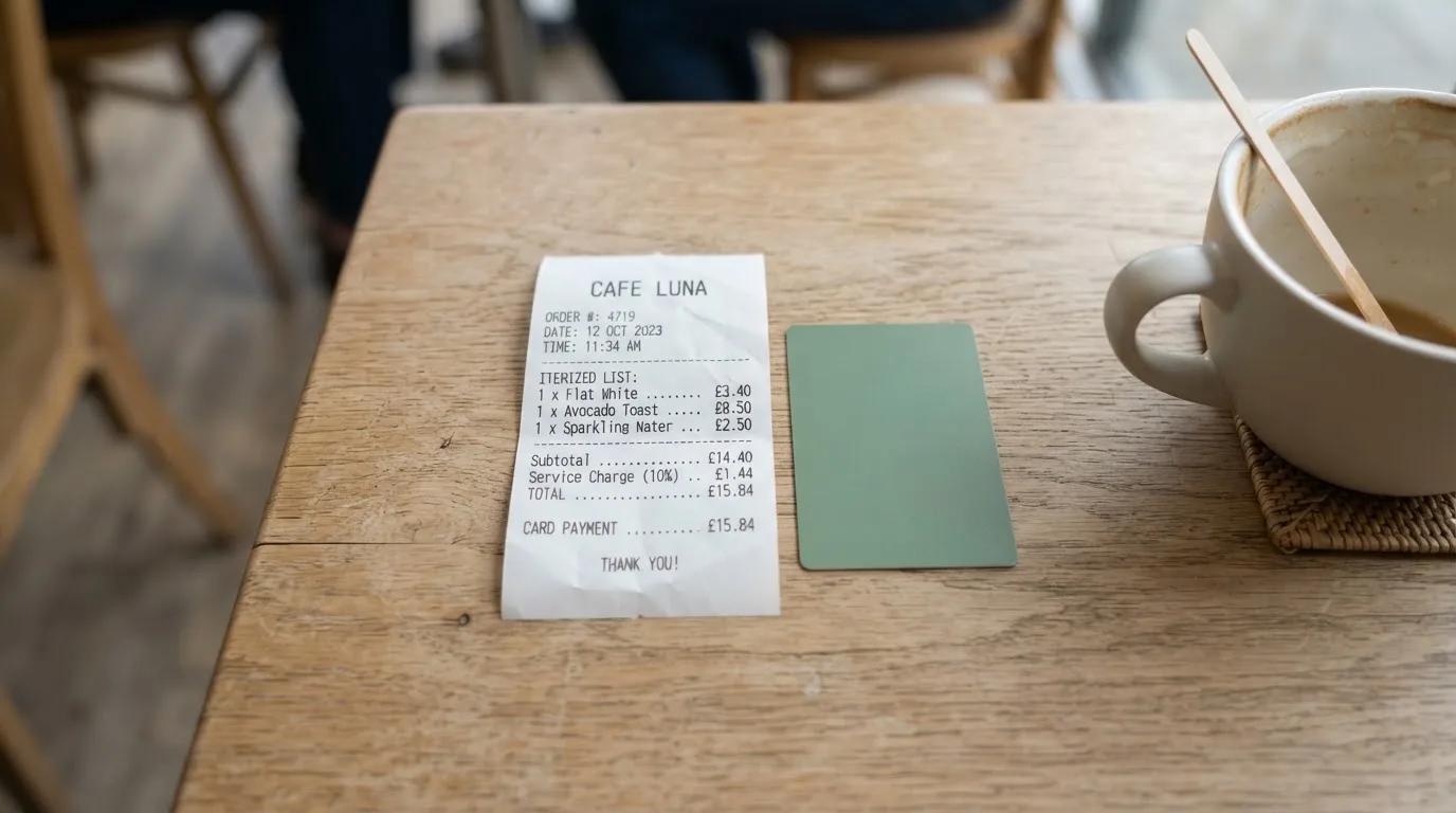 A receipt and a card on a café table