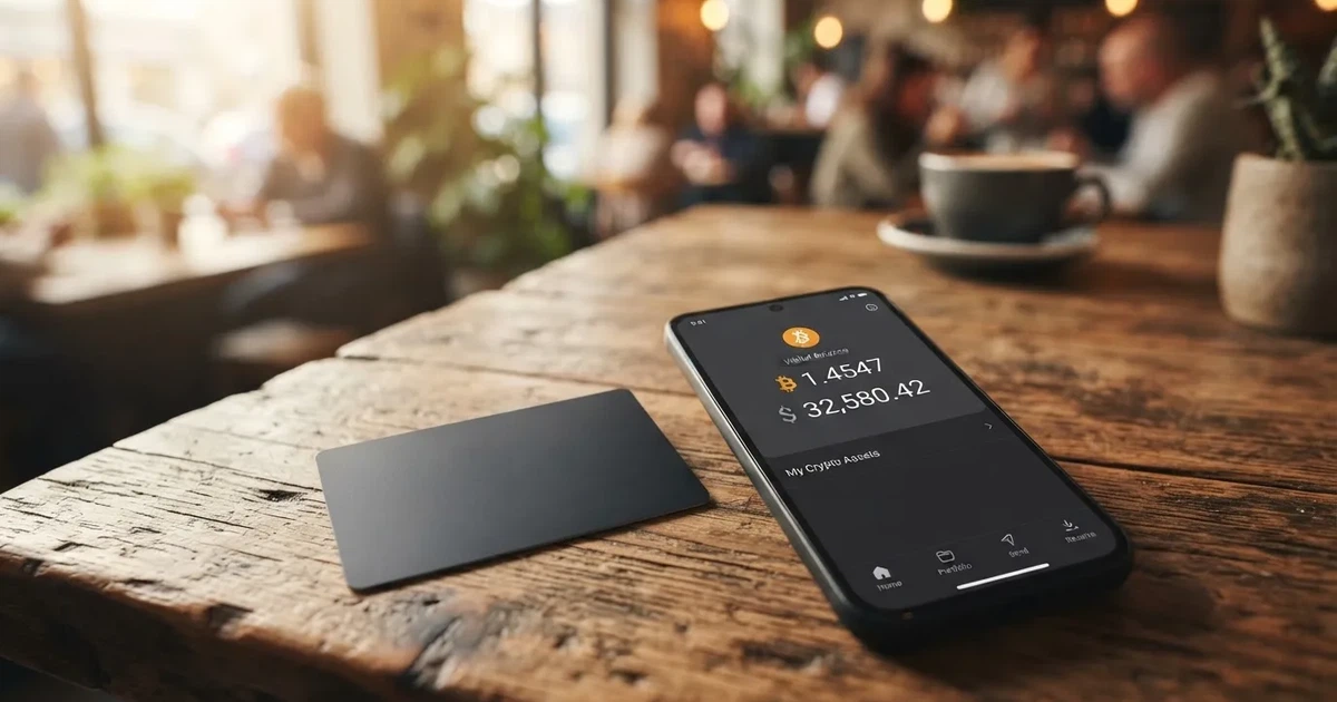 A payment card next to a phone with a crypto wallet app open