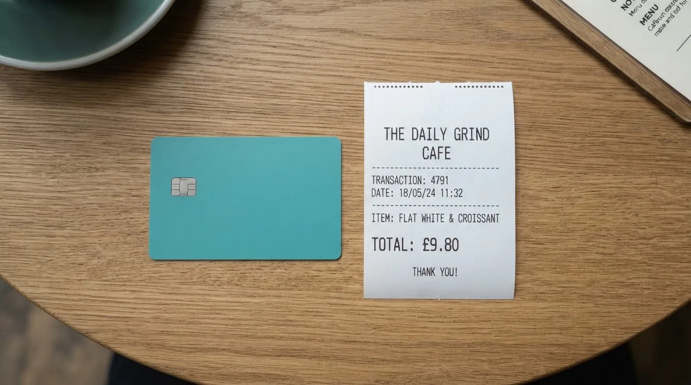A receipt and a card on a café table