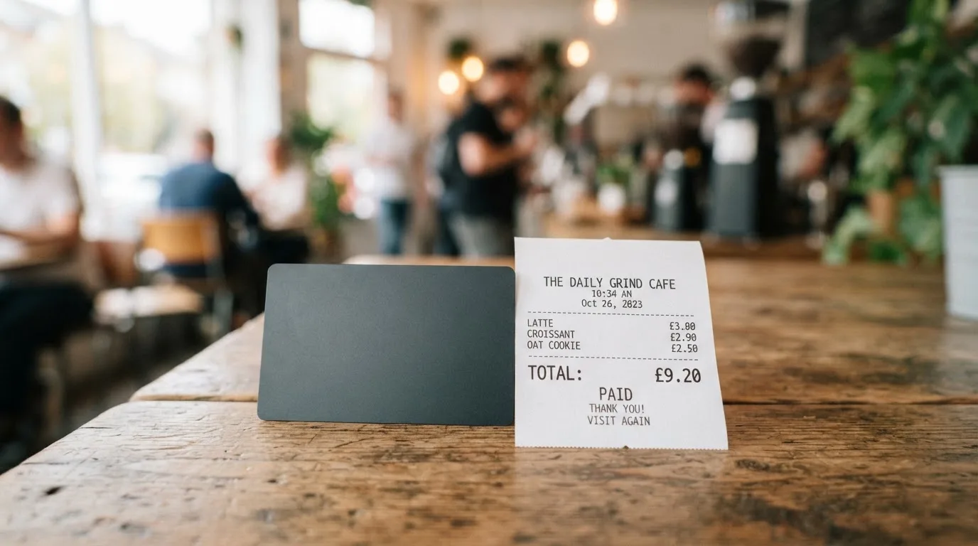 A receipt and a card on a café table