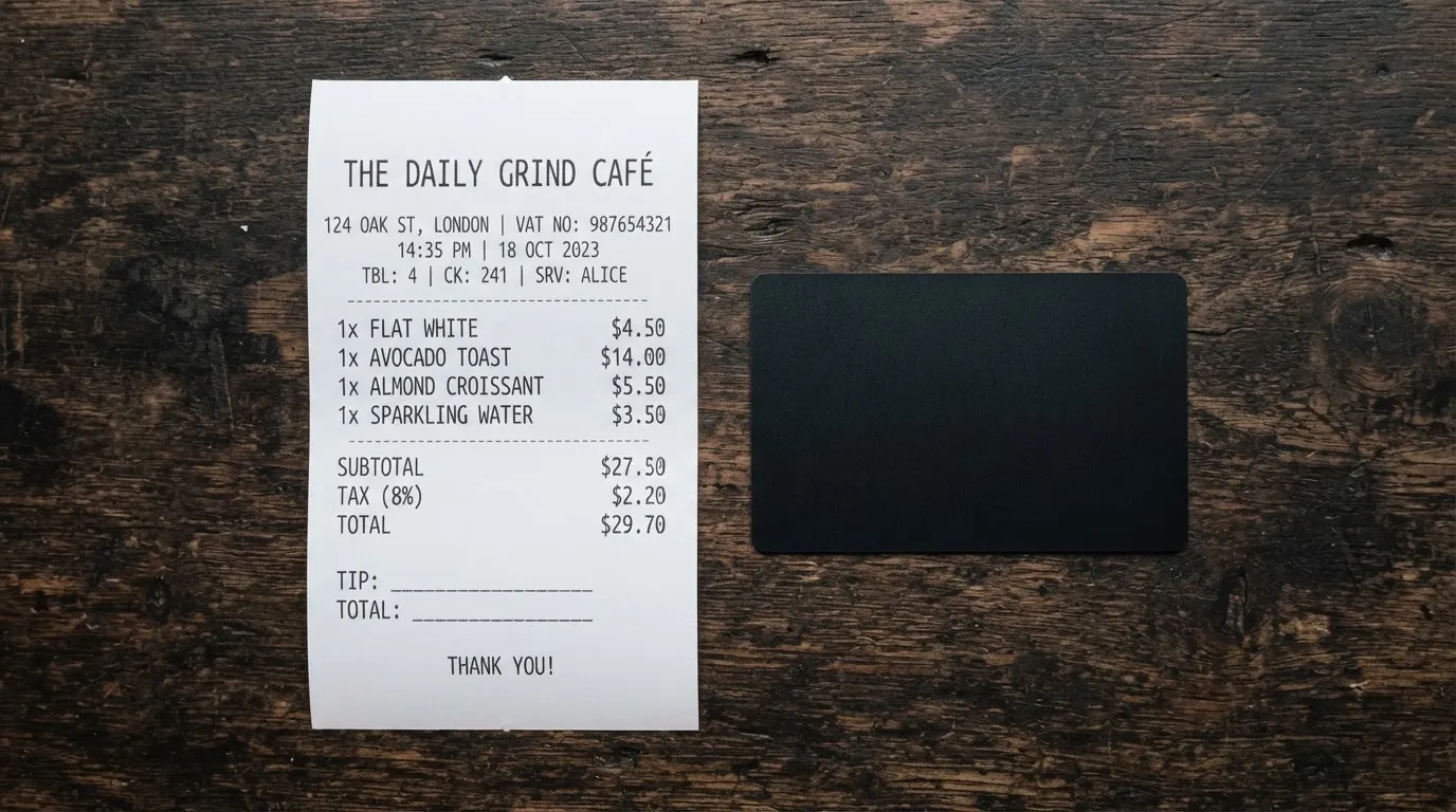 A receipt and a card on a café table
