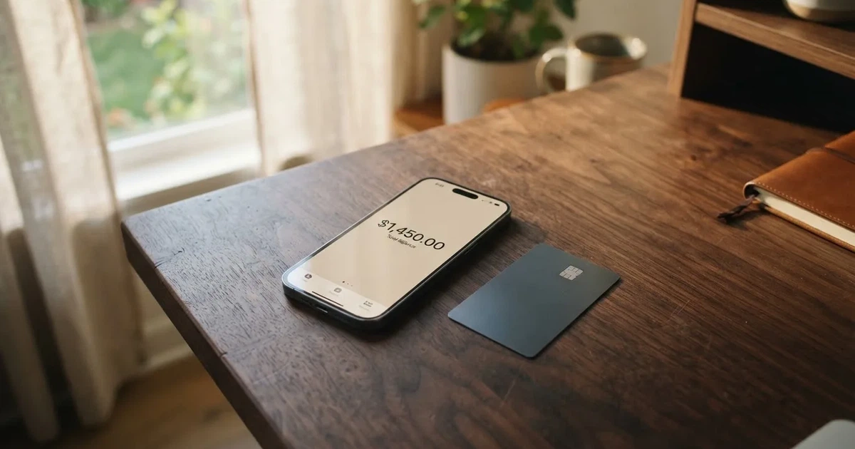 A payment card next to a phone with a crypto wallet app open