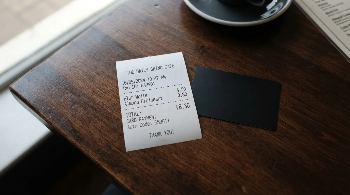 A receipt and a card on a café table