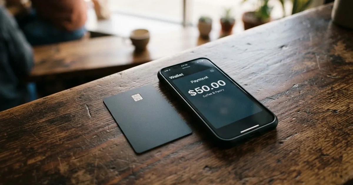 A payment card next to a phone with a crypto wallet app open