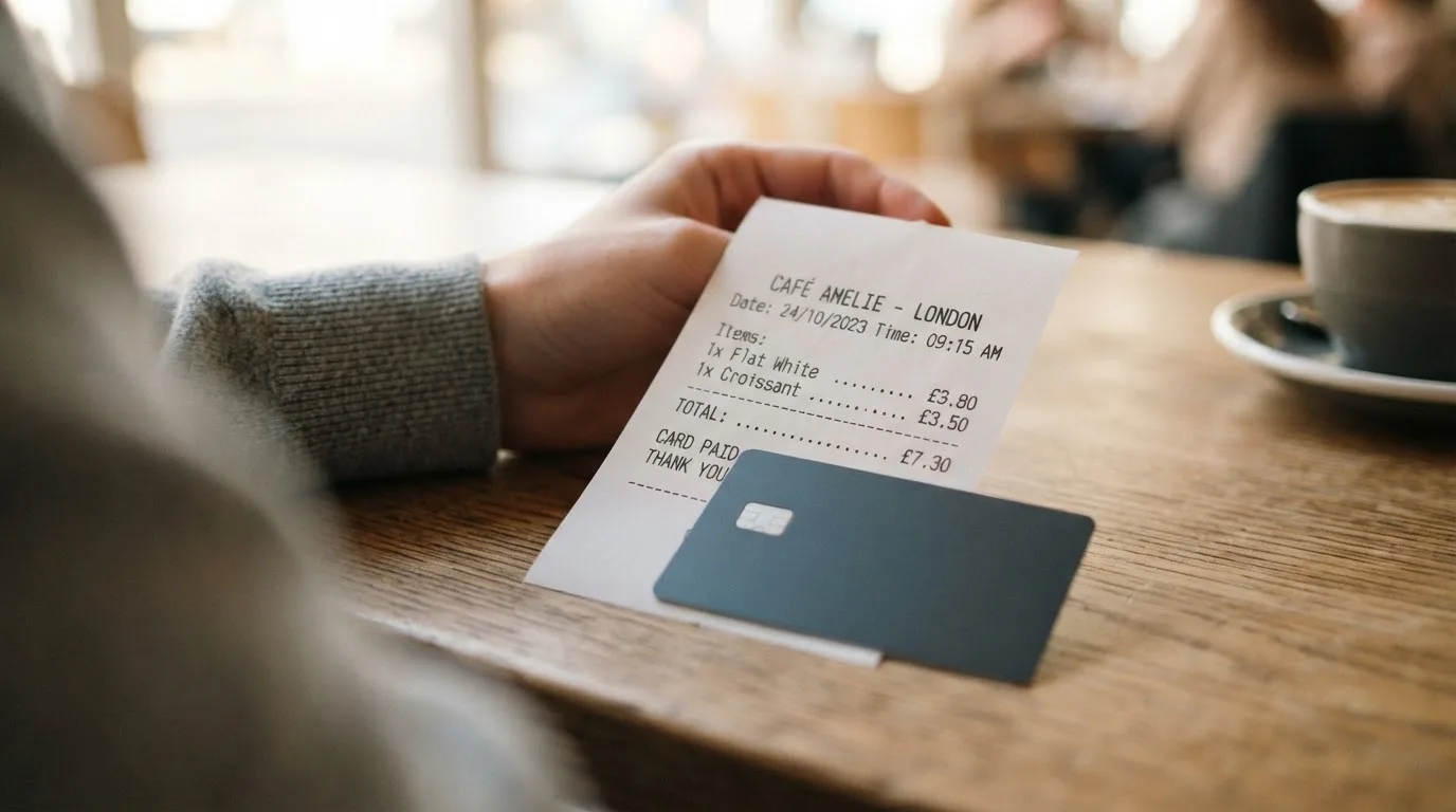 A receipt and a card on a café table