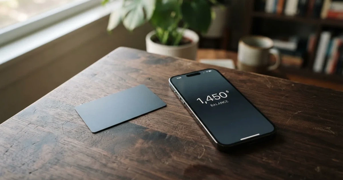 A payment card next to a phone with a crypto wallet app open