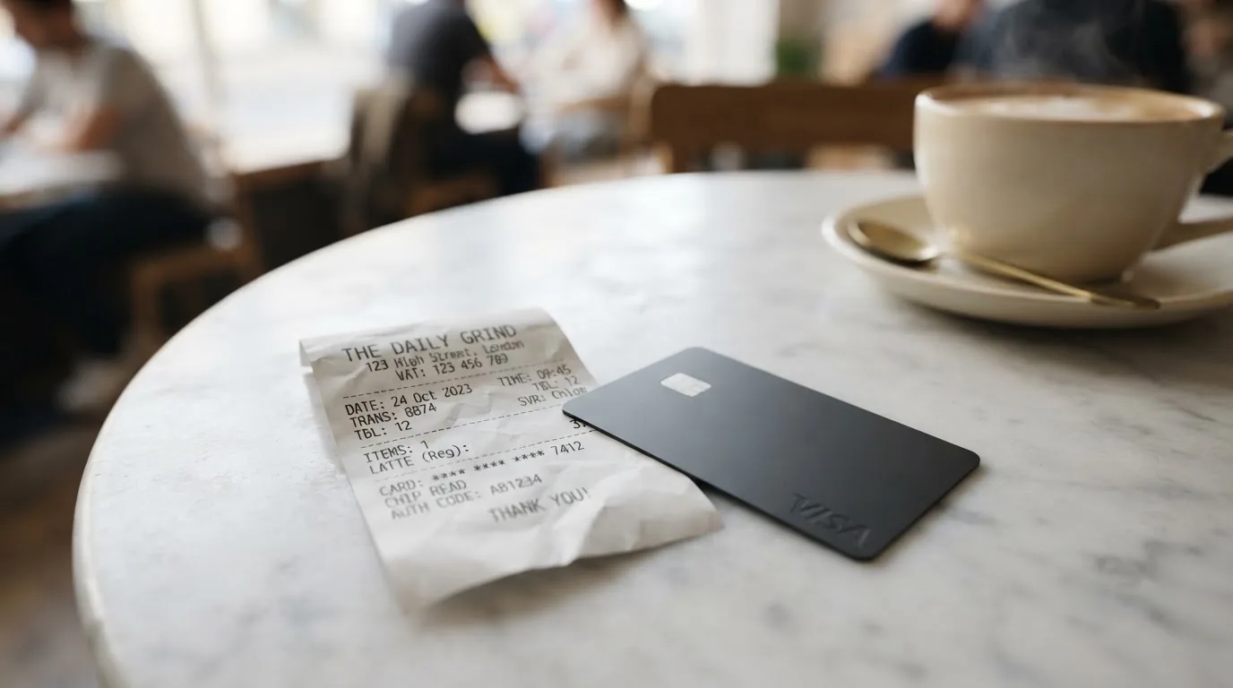 A receipt and a card on a café table