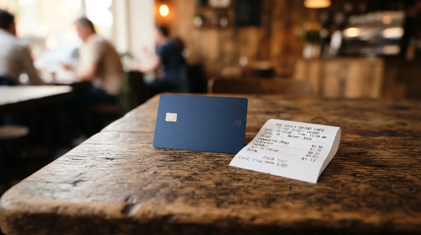 A receipt and a card on a café table