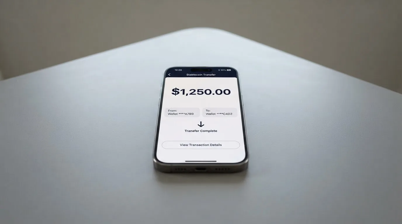 A phone showing a stablecoin transfer screen