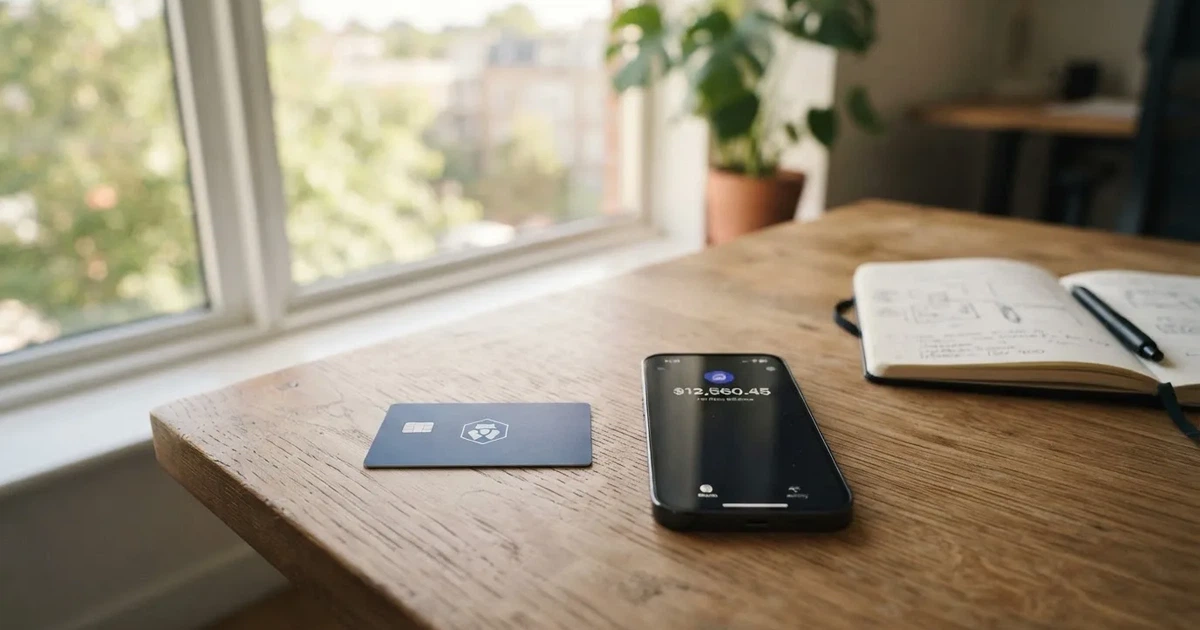 A payment card next to a phone with a crypto wallet app open