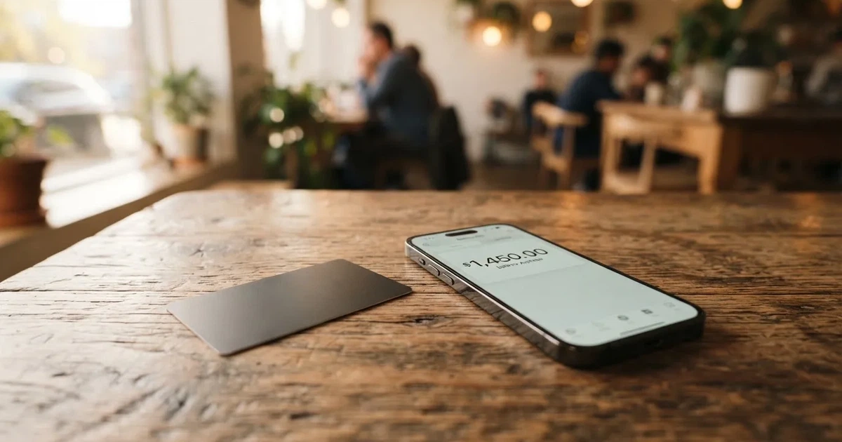 A payment card next to a phone with a crypto wallet app open