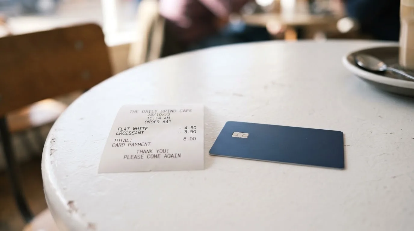 A receipt and a card on a café table