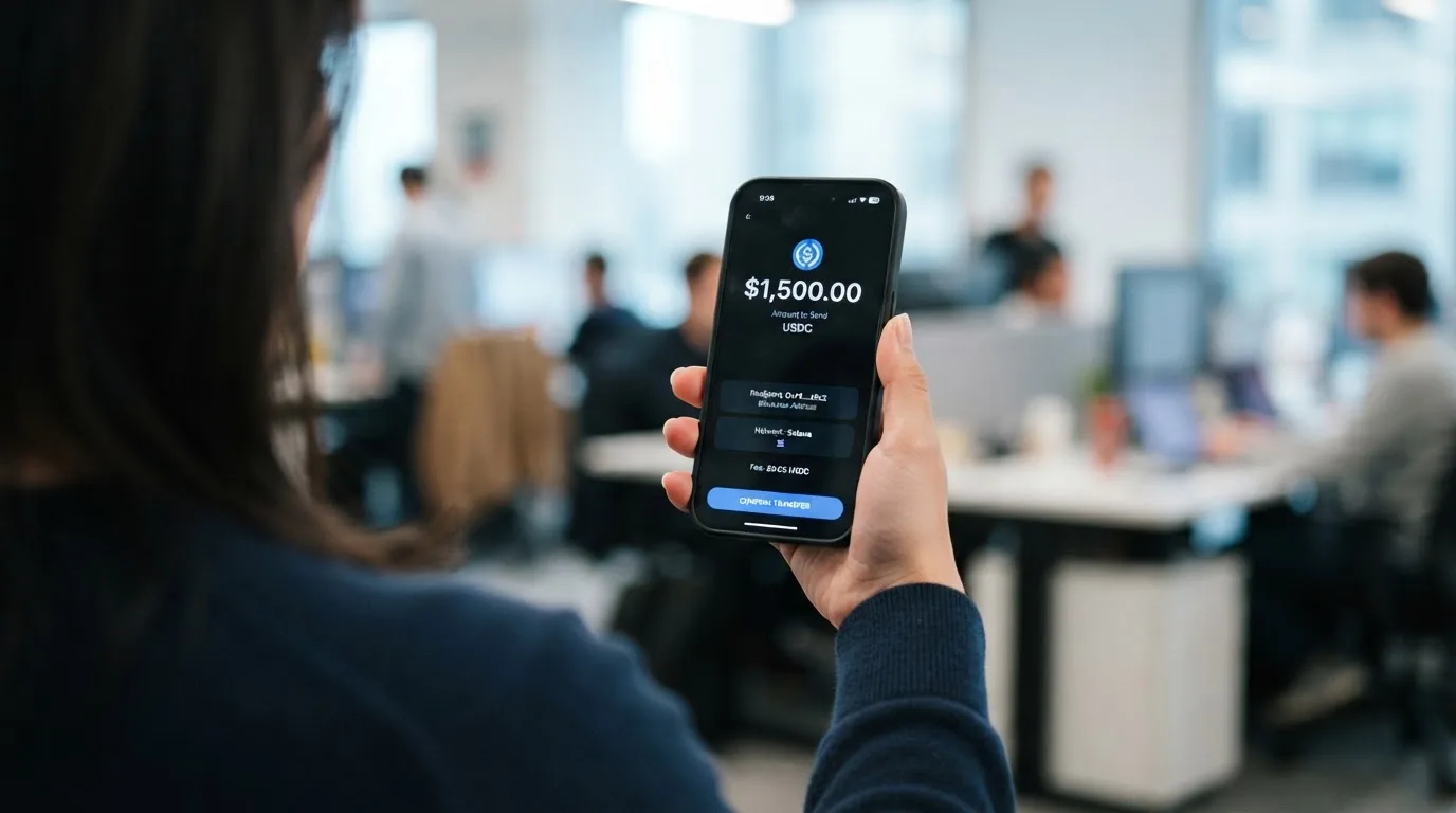 A phone showing a stablecoin transfer screen