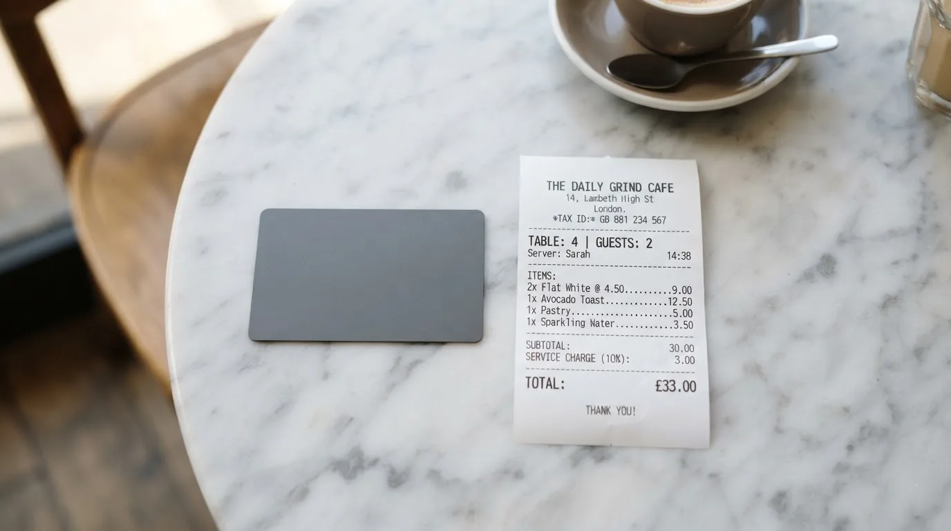 A receipt and a card on a café table
