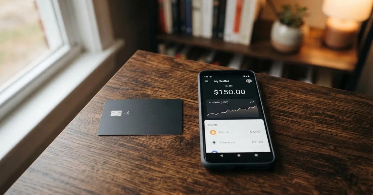 A payment card next to a phone with a crypto wallet app open