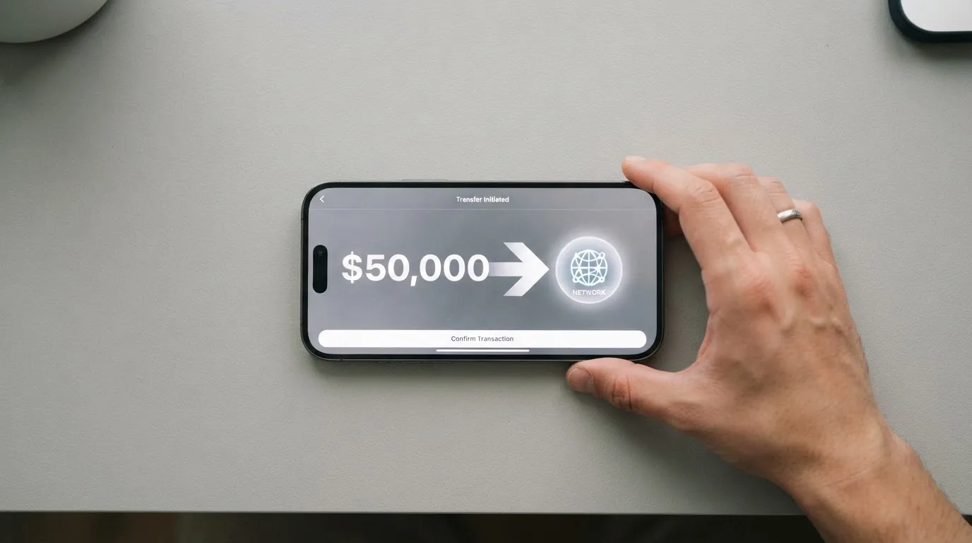 A phone showing a stablecoin transfer screen