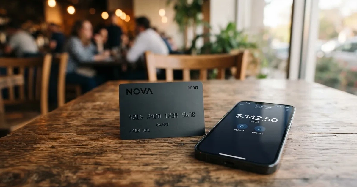 A payment card next to a phone with a crypto wallet app open