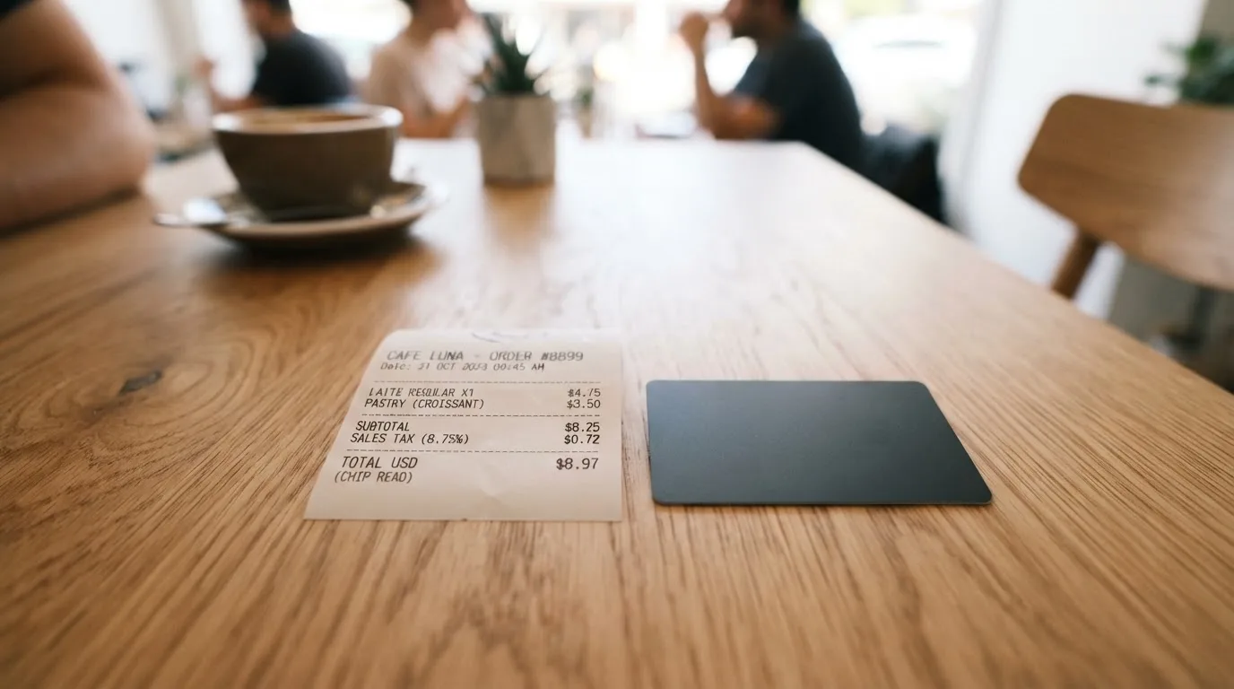 A receipt and a card on a café table