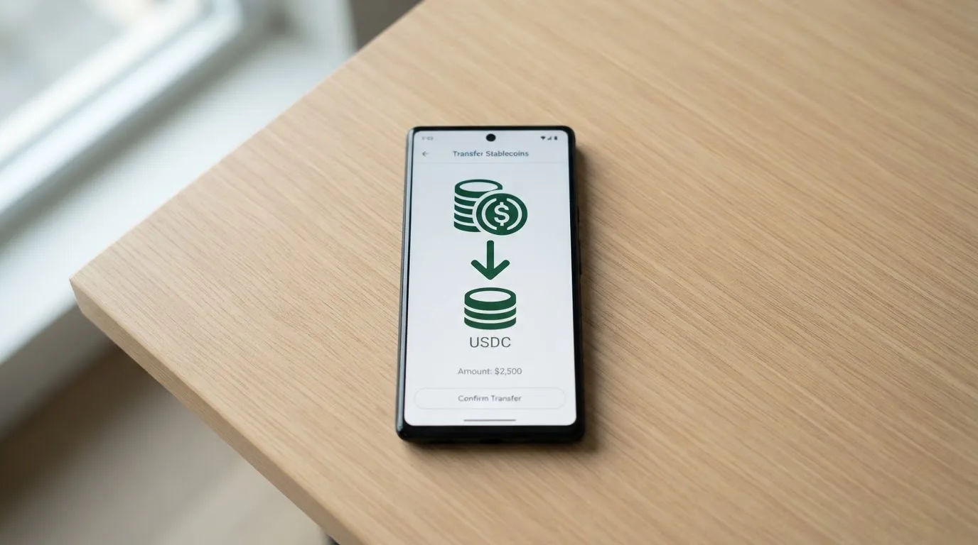 A phone showing a stablecoin transfer screen