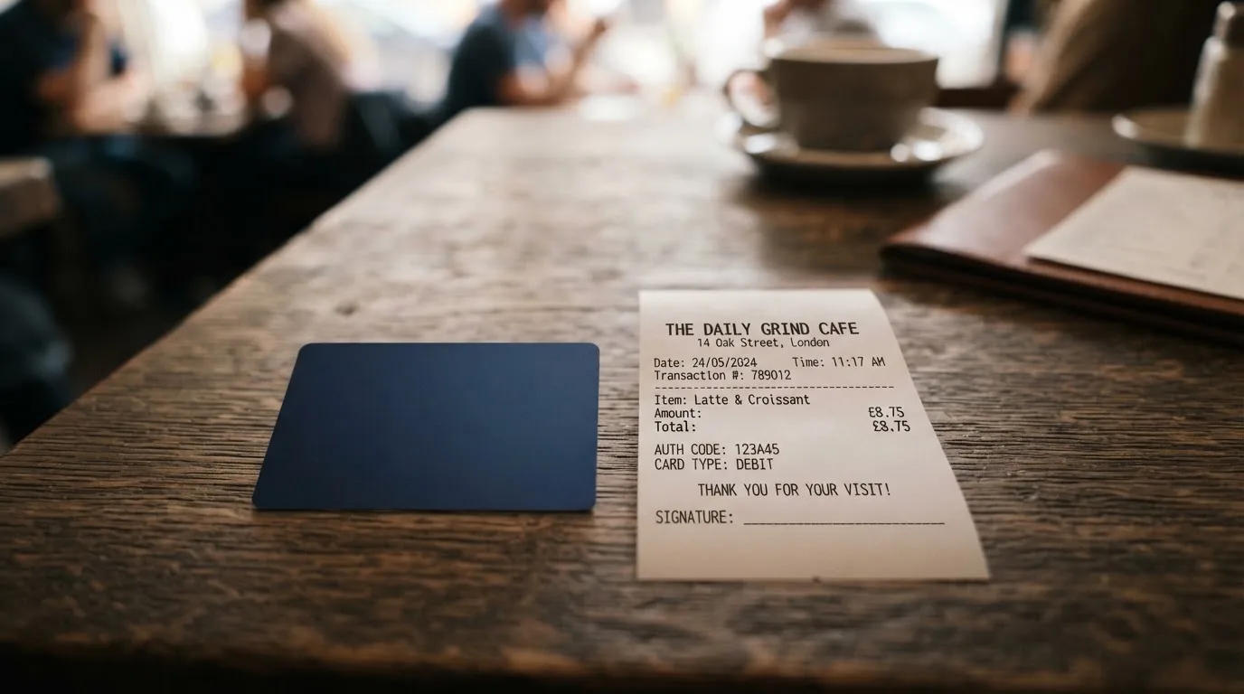 A receipt and a card on a café table
