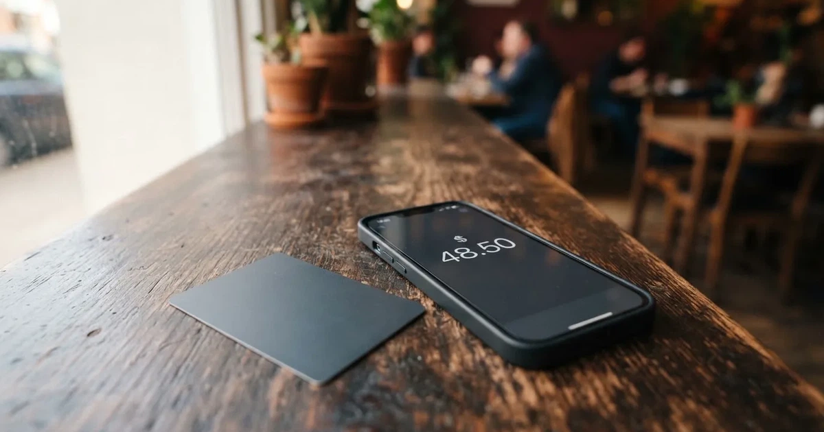 A payment card next to a phone with a crypto wallet app open