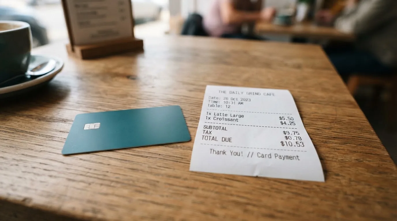 A receipt and a card on a café table