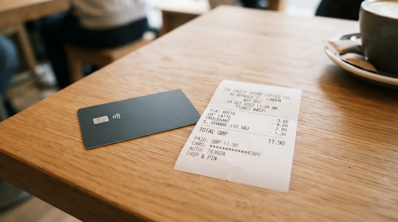 A receipt and a card on a café table
