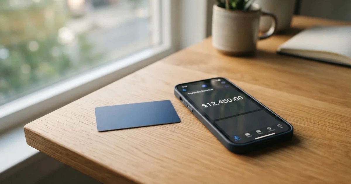 A payment card next to a phone with a crypto wallet app open