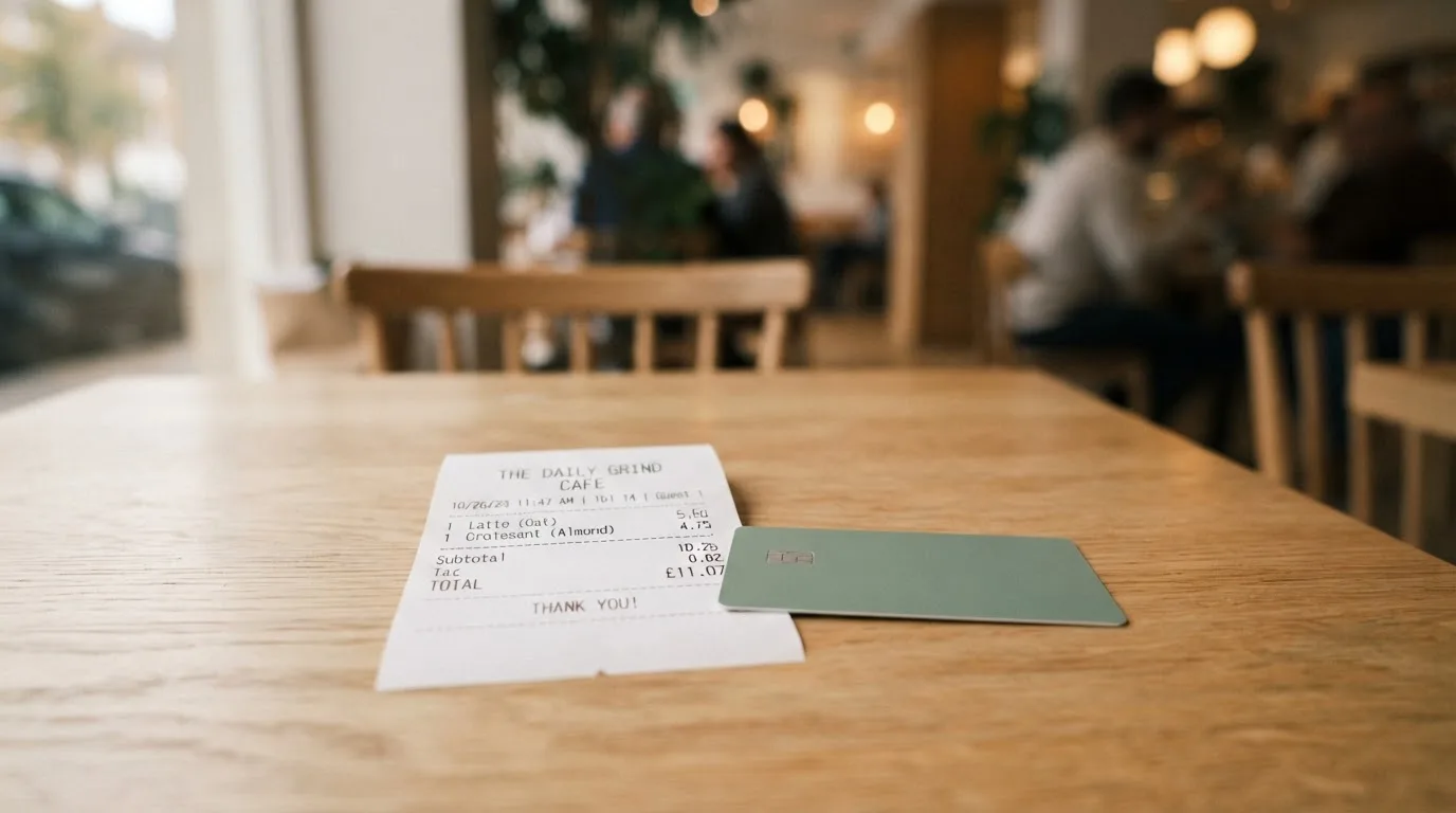 A receipt and a card on a café table