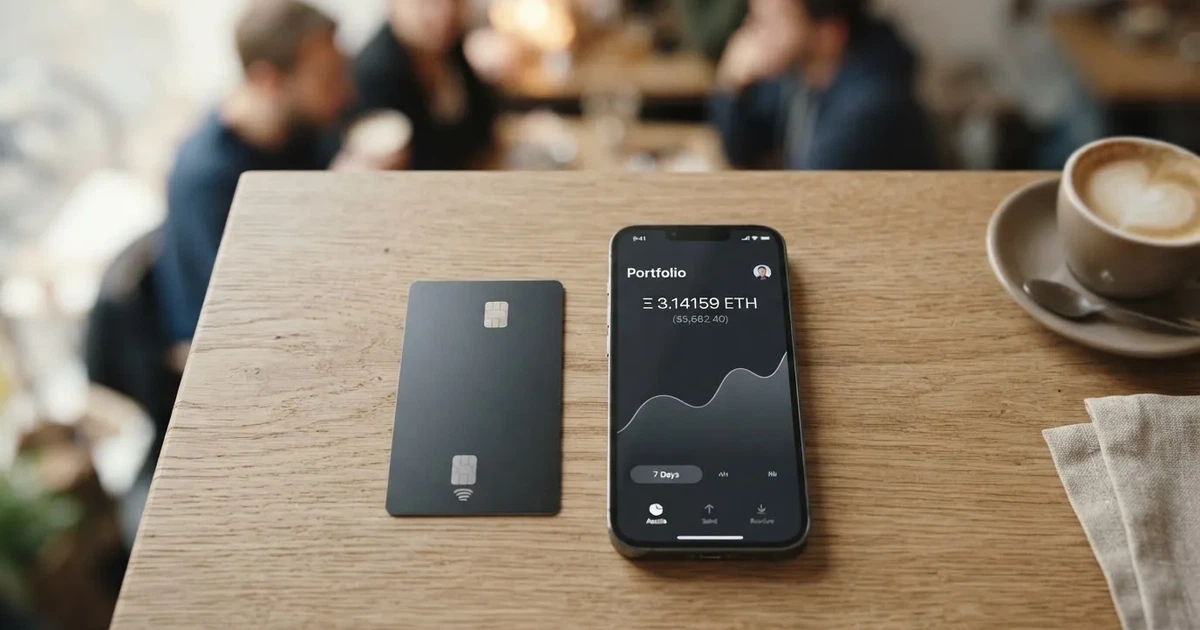 A payment card next to a phone with a crypto wallet app open