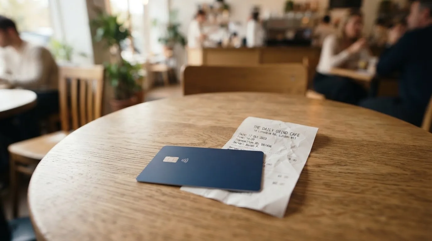 A receipt and a card on a café table