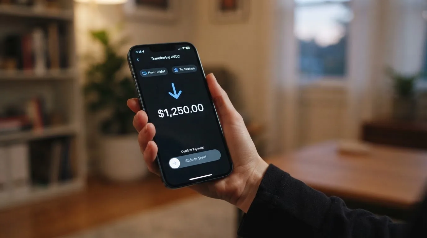 A phone showing a stablecoin transfer screen
