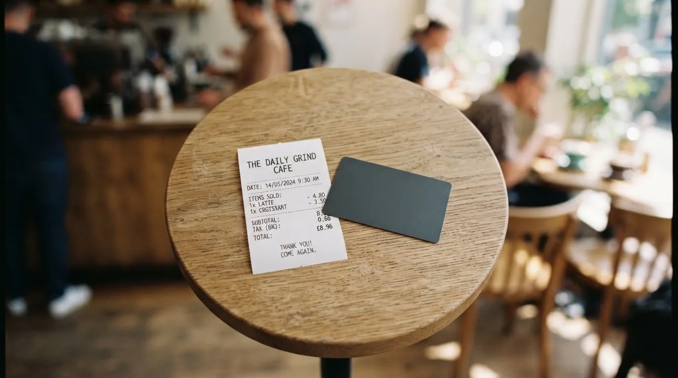 A receipt and a card on a café table