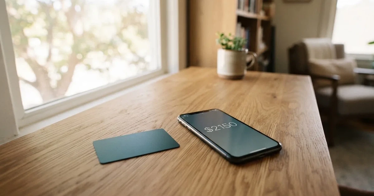 A payment card next to a phone with a crypto wallet app open