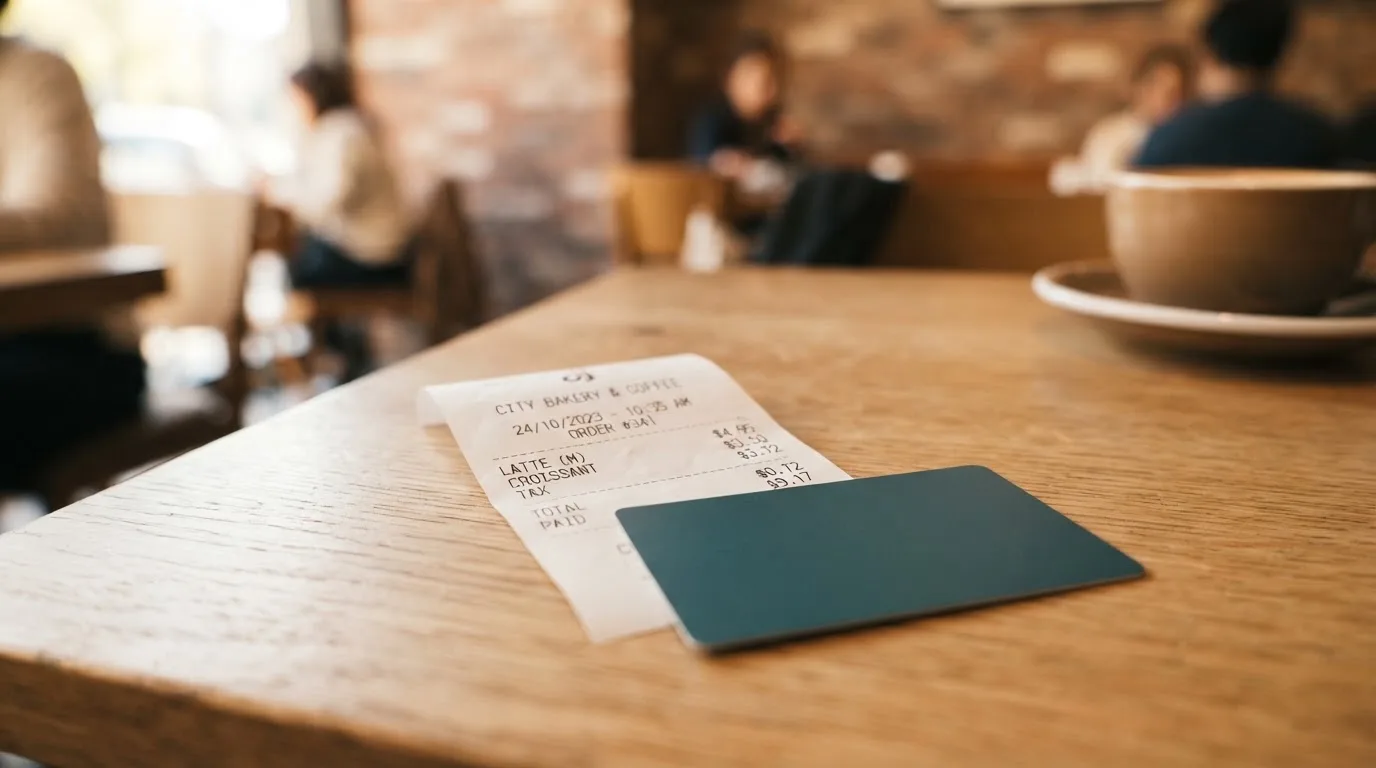 A receipt and a card on a café table
