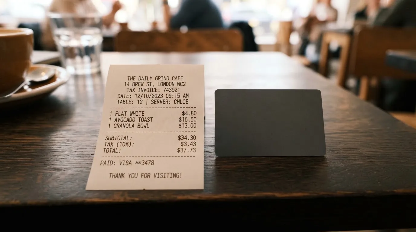 A receipt and a card on a café table