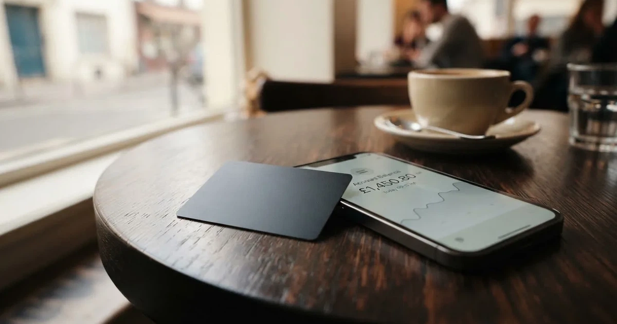 A payment card next to a phone with a crypto wallet app open
