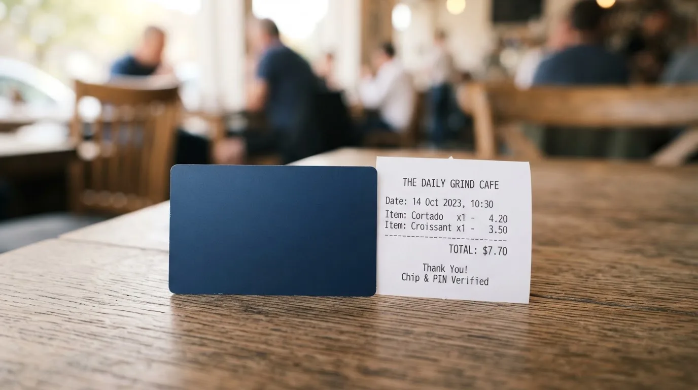 A receipt and a card on a café table