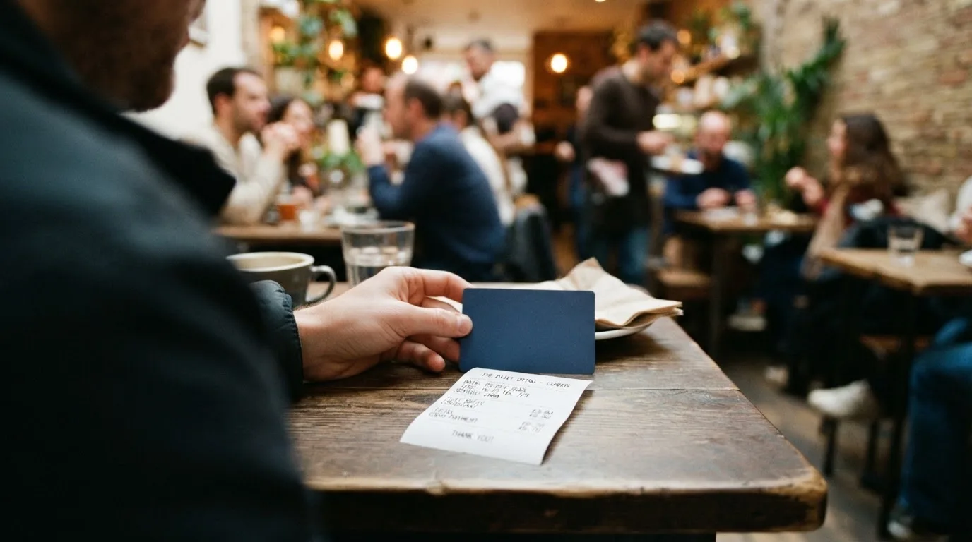 A receipt and a card on a café table